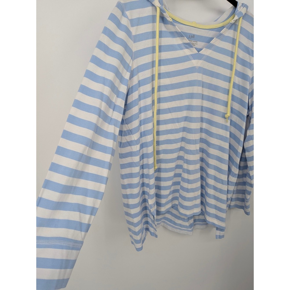 J Jill Fit Everyday Hoodie Women Medium Petite Blue Striped Cotton Modal V-Neck - Picture 2 of 7